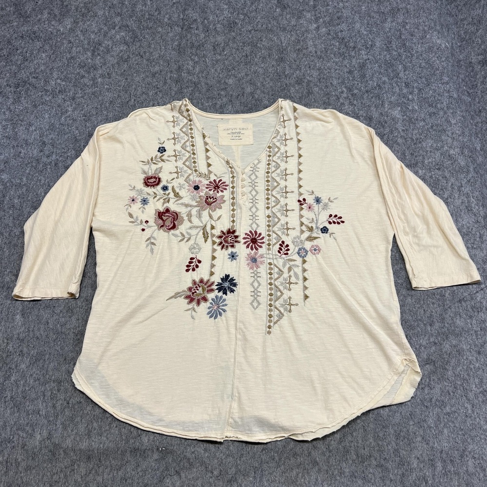 Karyn Seo Shirt Womens XL Cream Embroidered Floral Henley 3/4 Sleeve Tunic Top